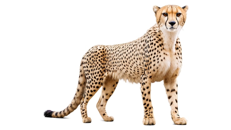 PSD el gato cheetah grande mirando hacia adelante sobre un fondo transparente blanco
