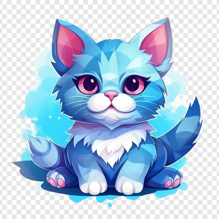 PSD un gato con una cola azul se sienta frente a un fondo con un cielo azul