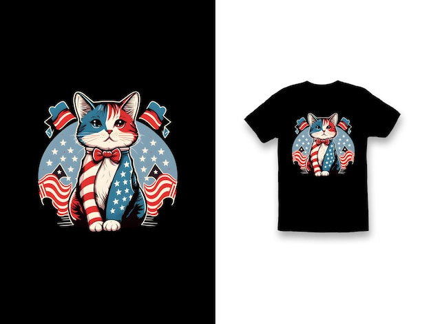 PSD gato com design de camiseta de bandeira americana