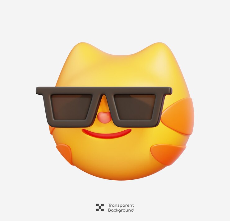 PSD gato com óculos de sol emoji ícone de desenho animado de emoção de gato ilustração 3d de emoticon de animal