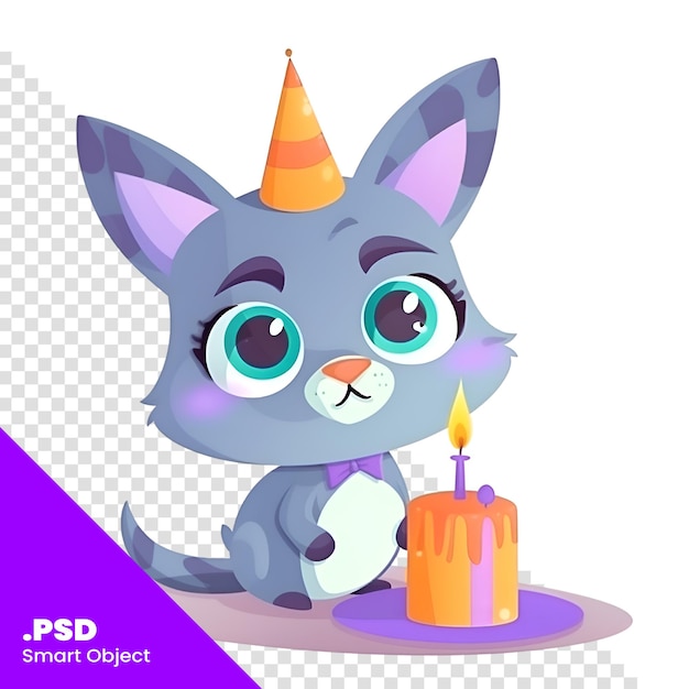 Gato de desenho animado bonito em boné de aniversário com vela modelo psd de ilustração vetorial