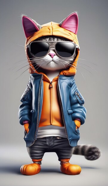 PSD gato de desenho animado com óculos de sol e casaco com capuz em fundo transparente renderização 3d