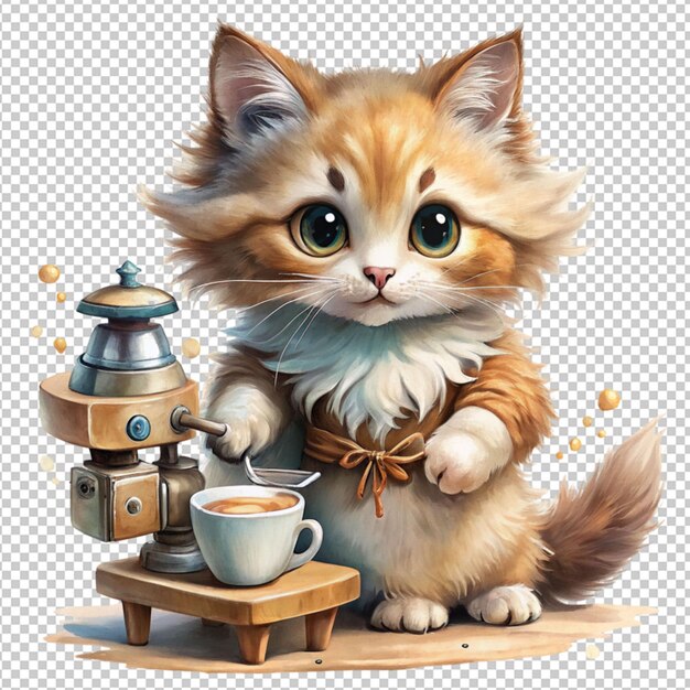 Gato de dibujos animados dulce sosteniendo ganado de café en un fondo transparente