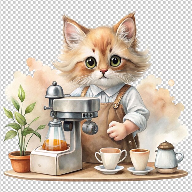 PSD gato de dibujos animados dulce sosteniendo ganado de café en un fondo transparente