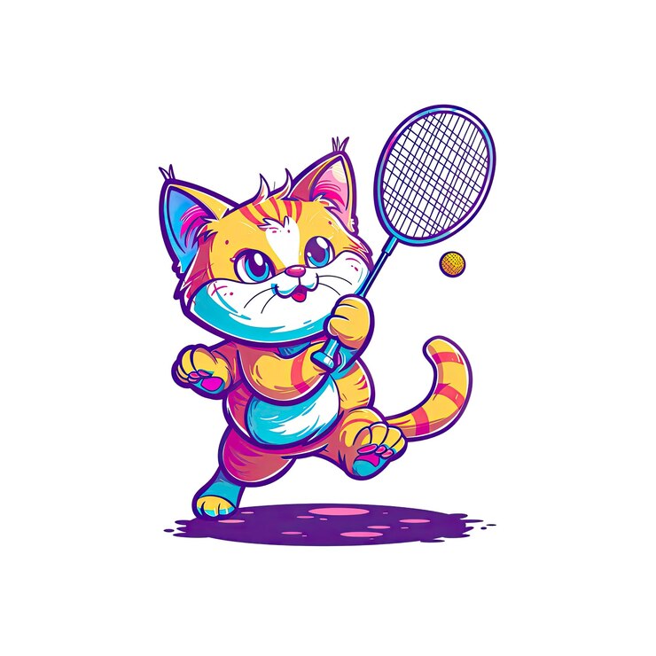 PSD gato de dibujos animados jugando al bádminton