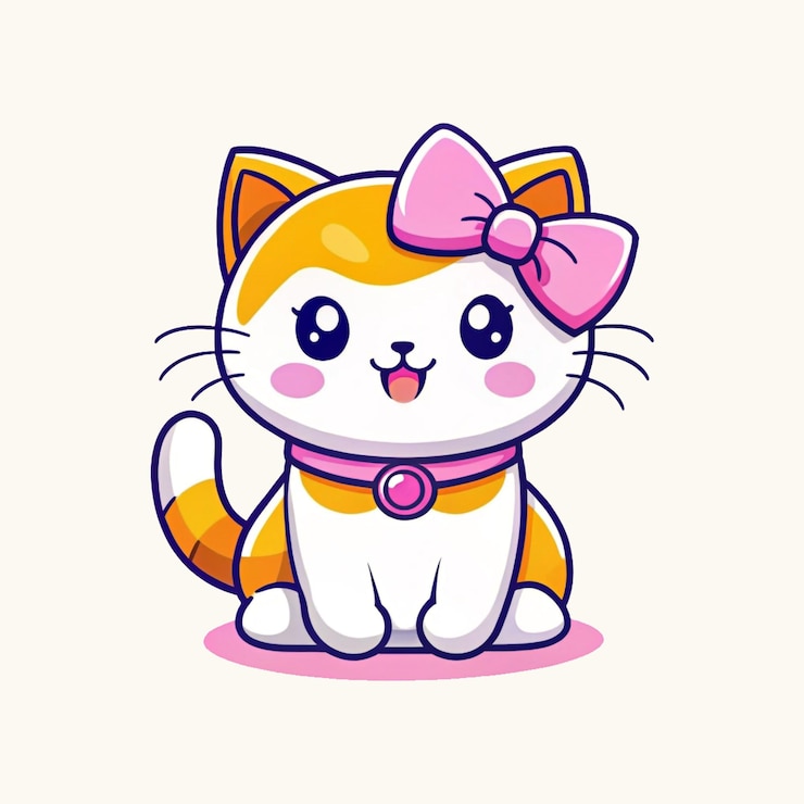 PSD un gato de dibujos animados con un lazo rosa en el cuello