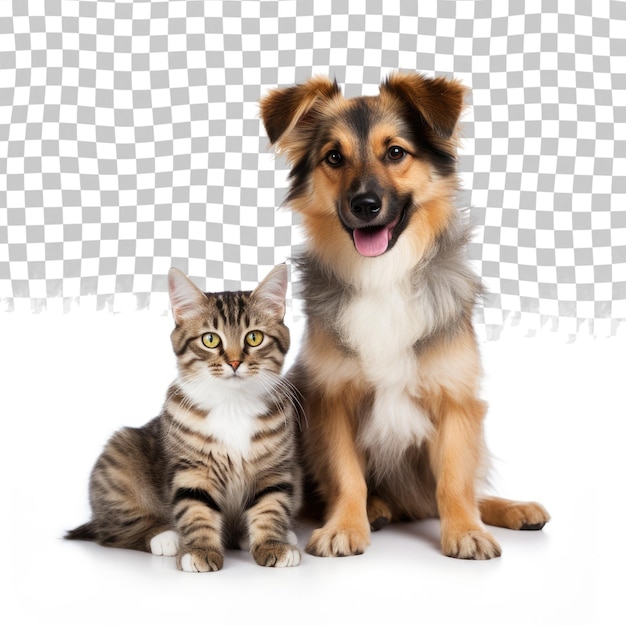 Gato e cão sentados juntos isolados em fundo transparente conceito de animal de estimação