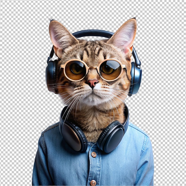 PSD un gato elegante con auriculares en un fondo transparente