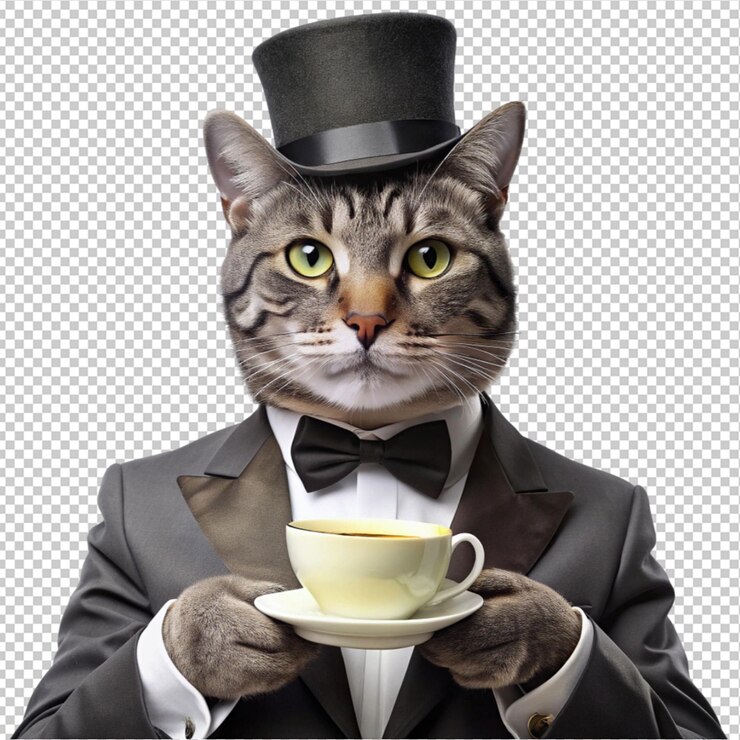 PSD gato elegante de smoking e chapéu de topo a beber chá em fundo transparente