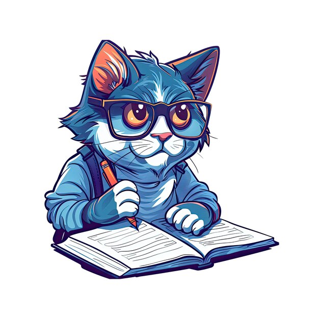 Gato estudioso con gafas y lápiz