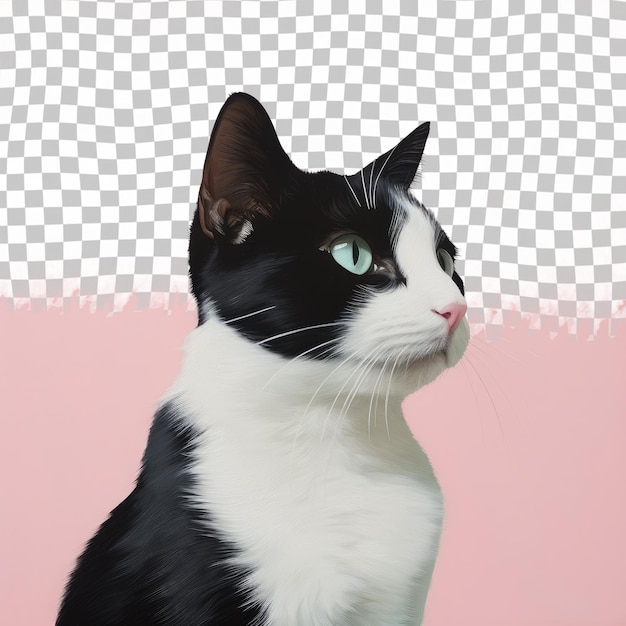 PSD gato felidae blanco y negro de tamaño mediano con ojos verdes sobre un fondo transparente