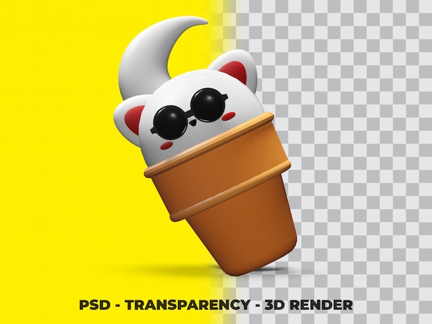 PSD gato fofo 3d no cone de sorvete com fundo de transparência