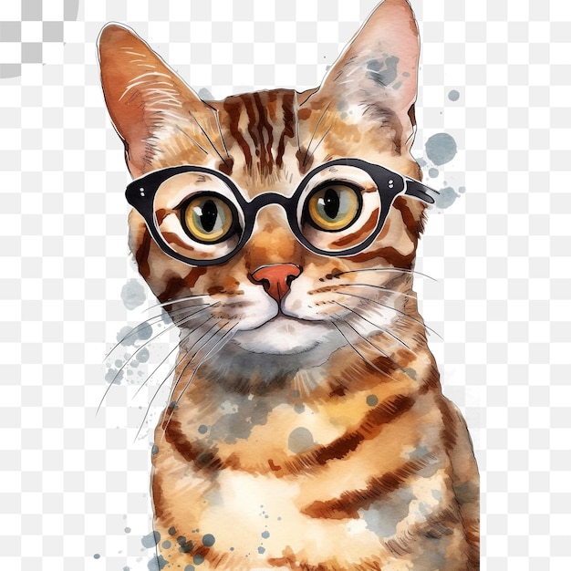 PSD gato con gafas fondo transparente acuarela