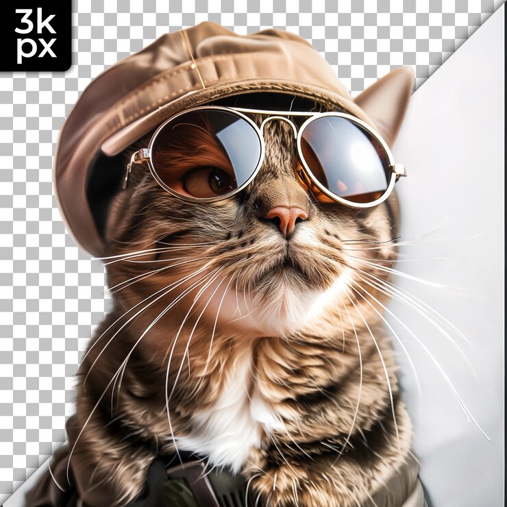 PSD gato genial con gafas de sol y sombrero sobre un fondo transparente