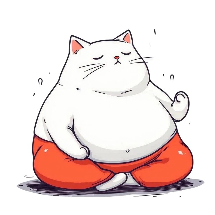 PSD el gato gordo meditando con pantalones rojos