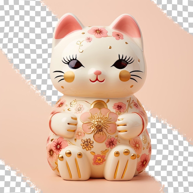 PSD gato japonés de cerámica que simboliza la riqueza y la suerte sobre un fondo transparente