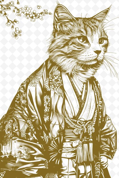 PSD gato japonés de cola bob llevando un kimono con un expreso gracioso animales esbozo arte colecciones vectoriales