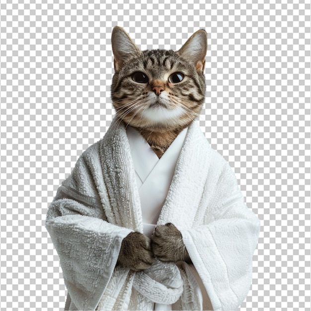 PSD gato en un kimono blanco sobre un fondo blanco