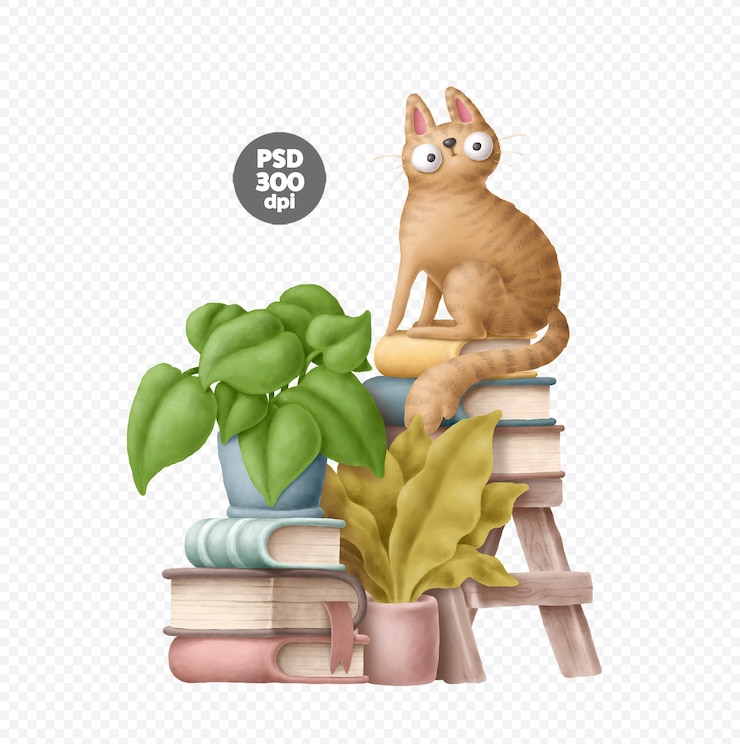 PSD gato y libros conjunto aislado