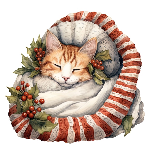 PSD gato lindo durmiendo en una corona de invierno ilustración en acuarela