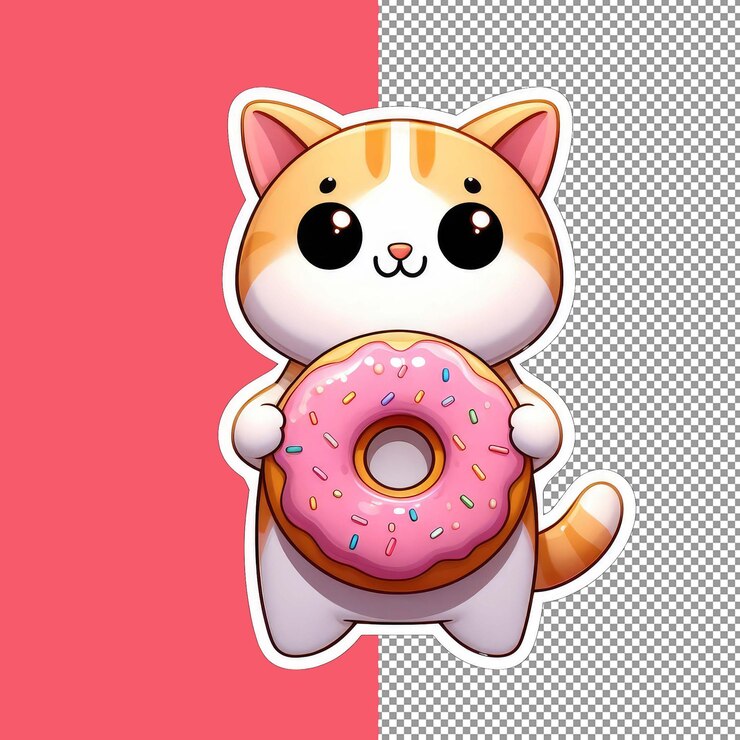 PSD gato lindo con una pegatina png de rosquilla de rosquillas