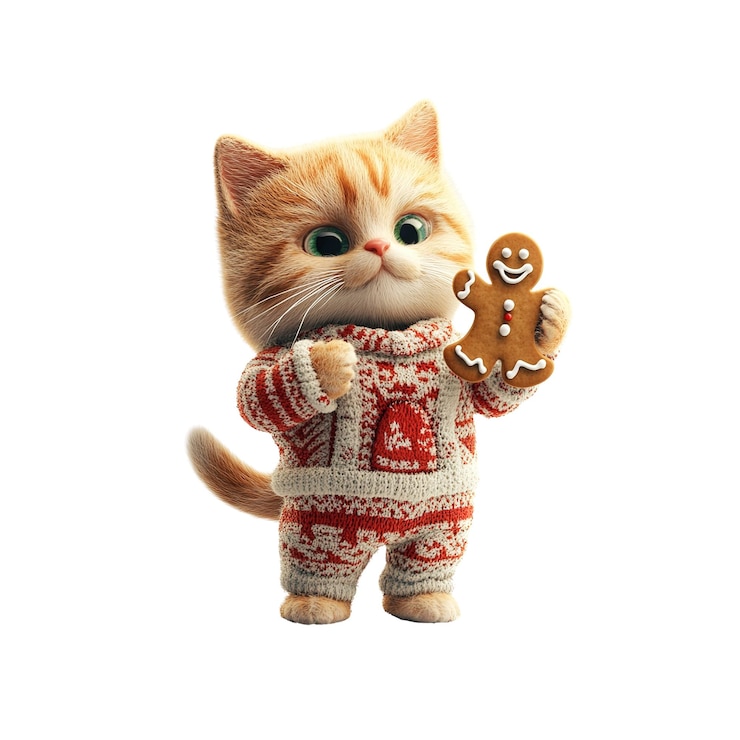PSD gato lindo en pijama de navidad sosteniendo un hombre de pan de jengibre
