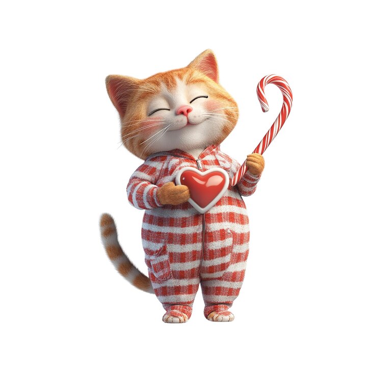 PSD gato lindo en pijama sosteniendo un corazón y un bastón de caramelo