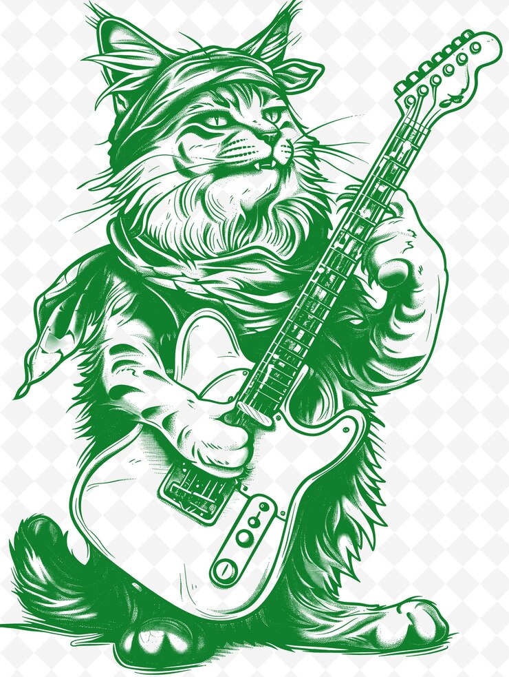PSD gato maine coon con una guitarra y una bandana que parece rock and ro animals sketch art colecciones vectoriales
