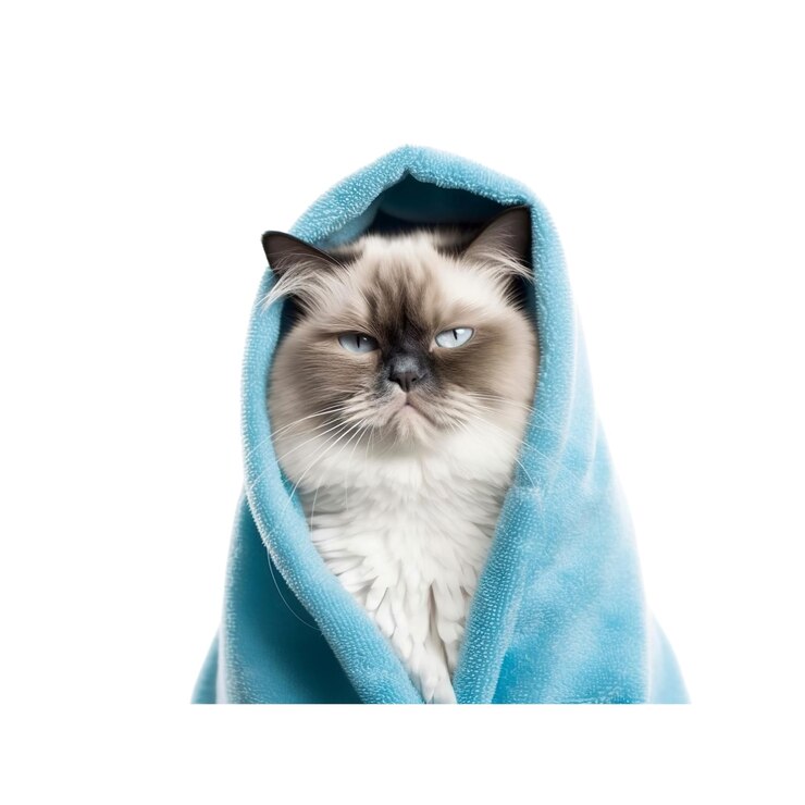 PSD gato malhumorado envuelto en una toalla azul