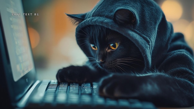 Gato negro con capucha usando una computadora portátil