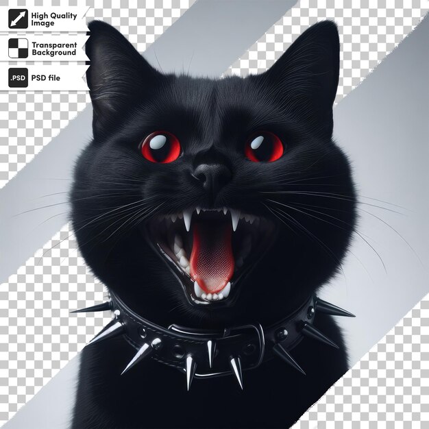 PSD gato negro enojado con ojos rojos en un fondo transparente