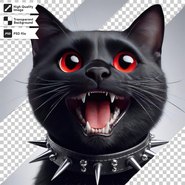Gato negro enojado con ojos rojos en un fondo transparente