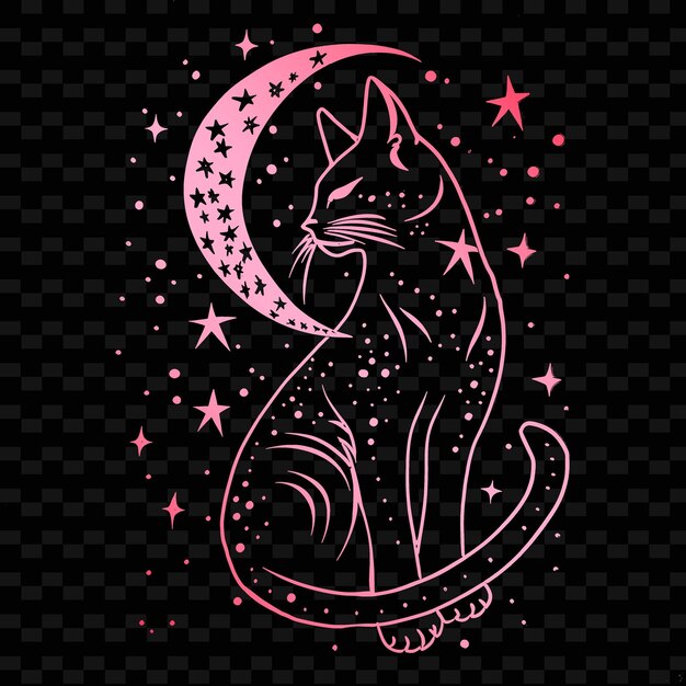 PSD un gato negro y rosa con una luna rosada y estrellas