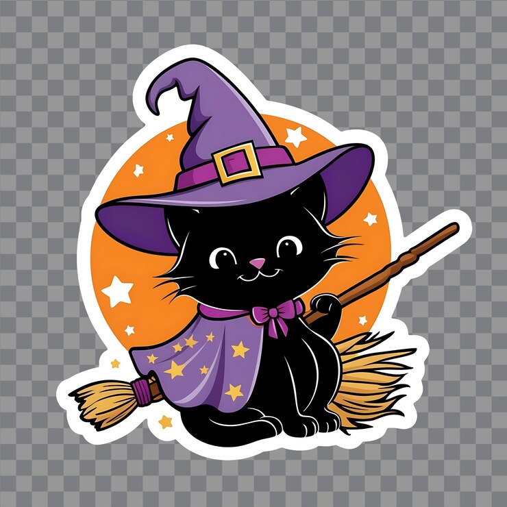 PSD un gato negro con un sombrero de bruja y una escoba