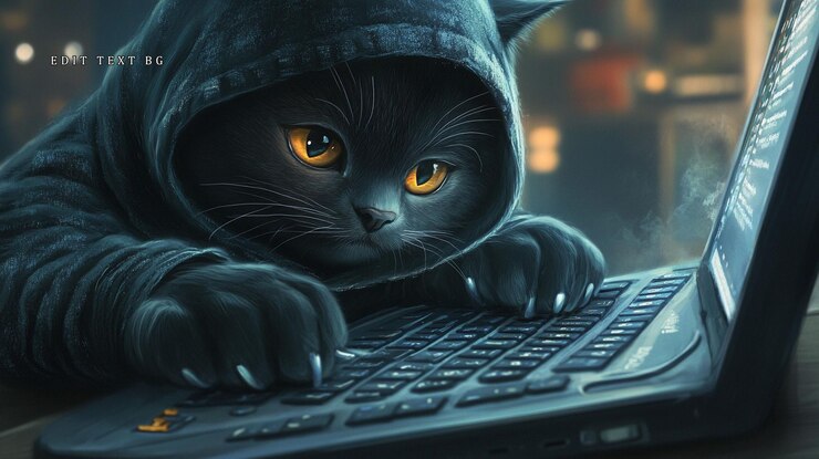 PSD un gato negro con una sudadera con capucha usa atentamente una computadora portátil