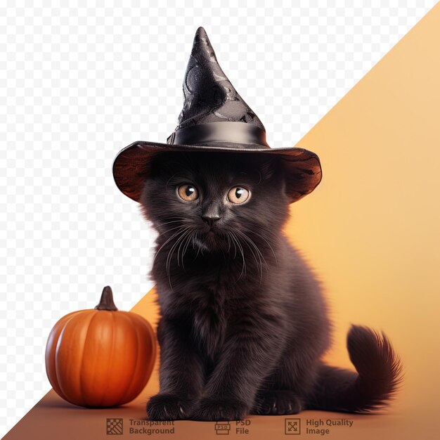 Gato negro con tema de halloween con sombrero de bruja solo en un fondo transparente