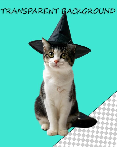 PSD gato negro con temática de halloween con sombrero de bruja solo en un fondo transparente