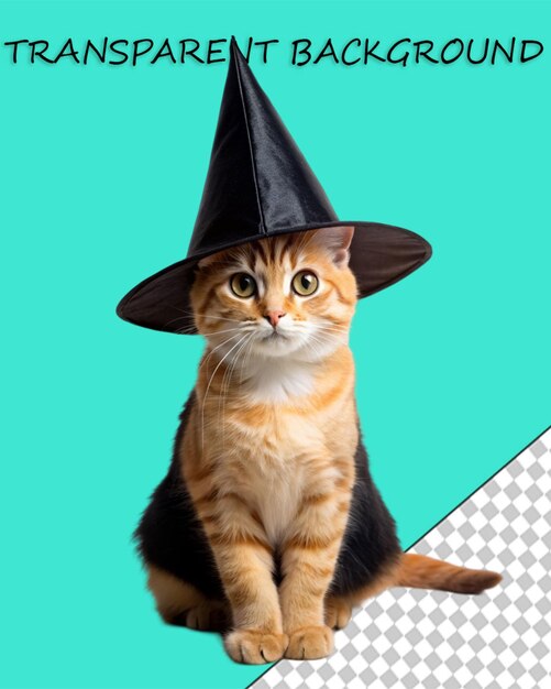 Gato negro con temática de halloween con sombrero de bruja solo en un fondo transparente