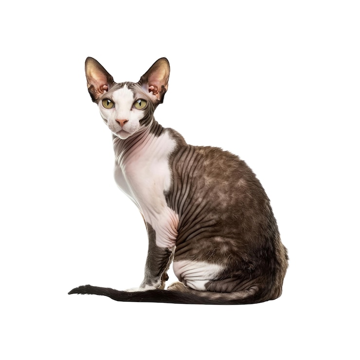 PSD gato sin pelo sentado mirando a la cámara