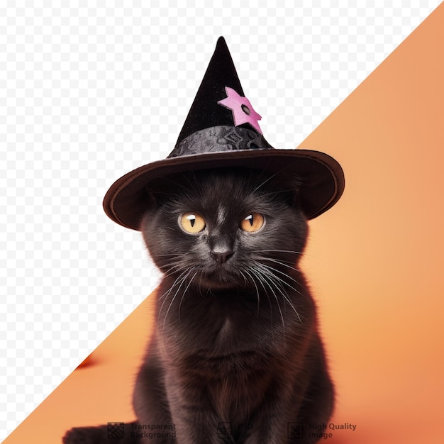 PSD gato preto com tema de halloween usando chapéu de bruxa sozinho em fundo transparente