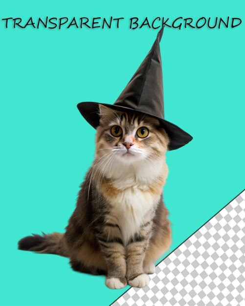 PSD gato preto com tema de halloween usando chapéu de bruxa sozinho em fundo transparente