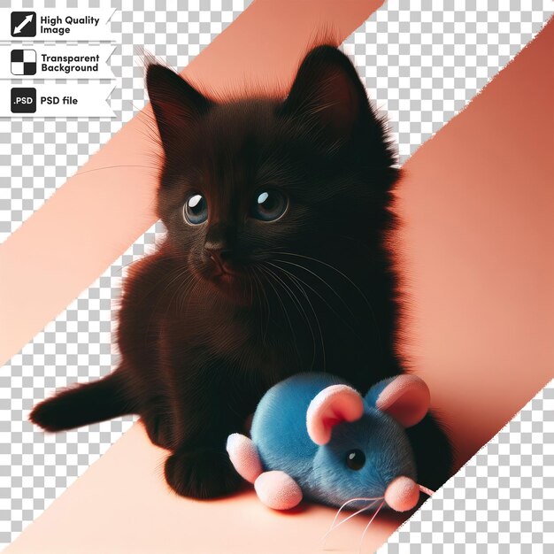 Gato preto psd com brinquedo de rato em fundo transparente