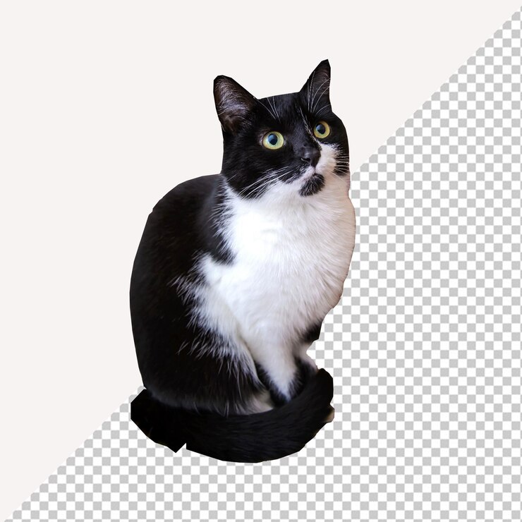 Gato PSD blanco y negro con una mancha blanca en la cara con fondo transparente