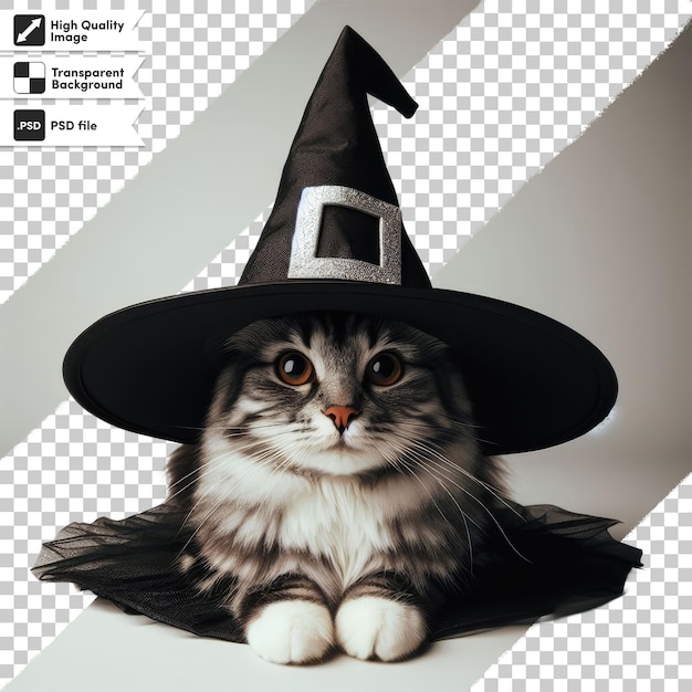 PSD gato psd con un sombrero de bruja negro sobre un fondo transparente
