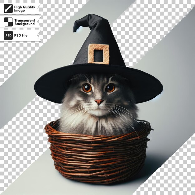 Gato psd con un sombrero de bruja negro sobre un fondo transparente