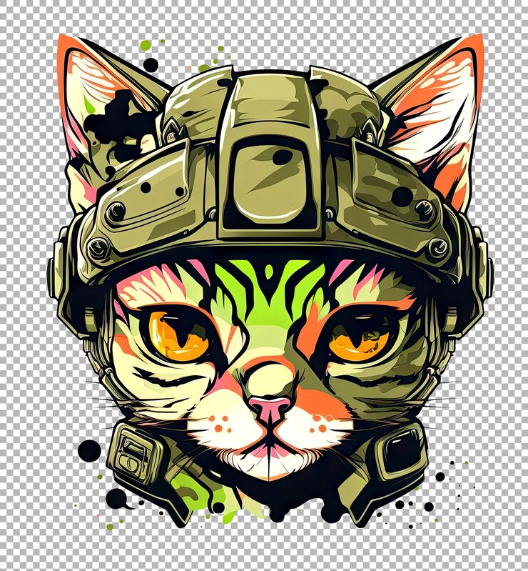 PSD gato psicodélico usando um capacete tático militar