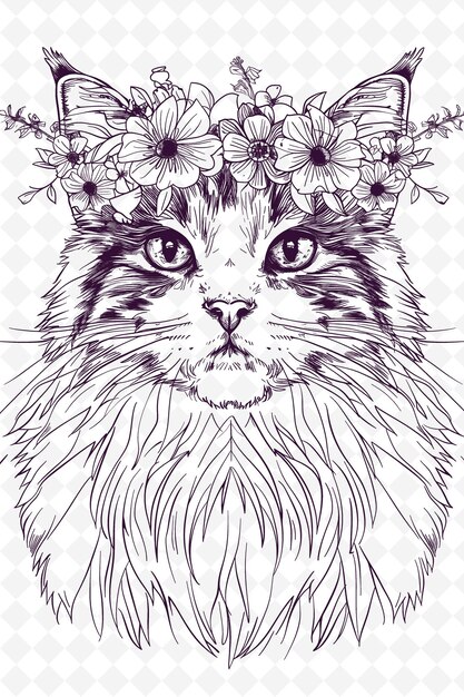 PSD gato ragdoll con una corona floral con una expresión serena animales esbozo arte colecciones vectoriales