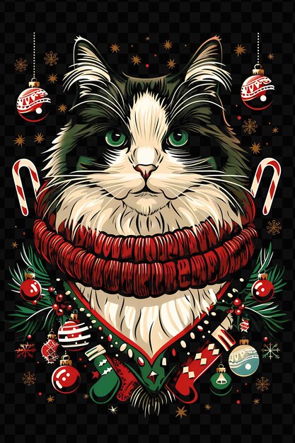 PSD gato ragdoll con pose acurrucada y con una swea de navidad decoración de marco collaje diseño de arte de tinta psd