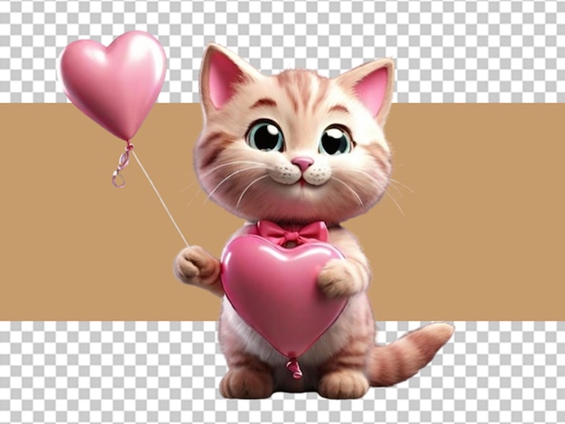 PSD gato rosa 3d segurando um balão rosa em forma de coração