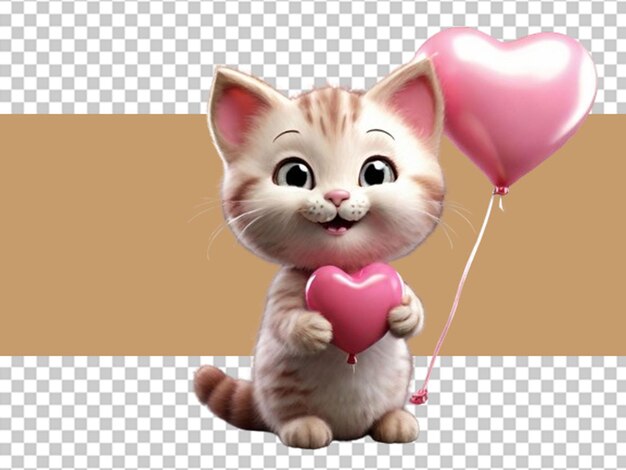 PSD gato rosa 3d segurando um balão rosa em forma de coração